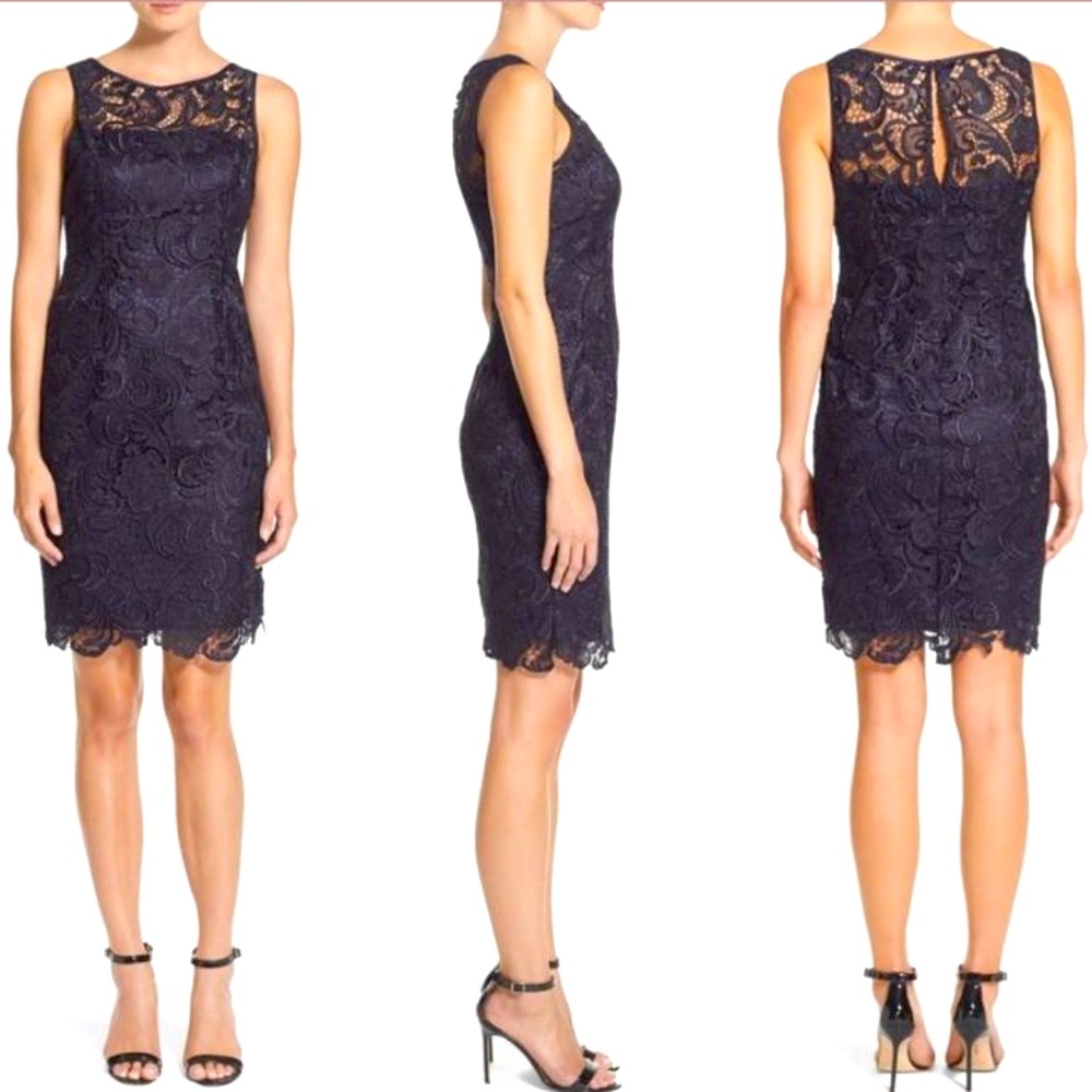 Adrianna Papell Illusion Bodice Lace Sheath Dress Navy Lace Sheath Dress 14